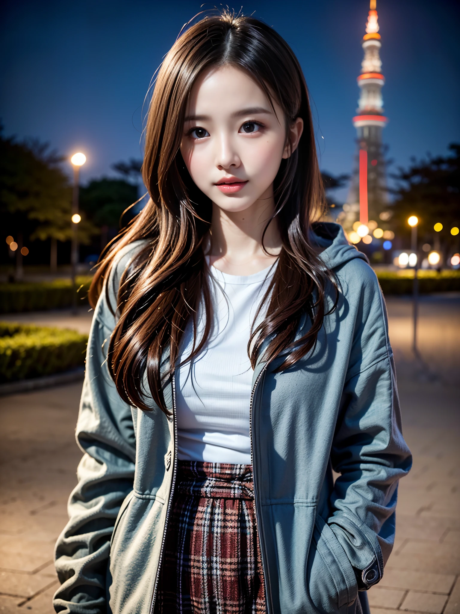 (8k, RAW photo, best quality, masterpiece), (realistic, photo-realistic), ultra-detailed, high quality, professional lighting, physically-based rendering photo of 18 years woman, (1girl:1.3), coat, hood, jacket, ((duffle coat)), lips, lipstick, plaid, plaid_skirt, (Japanese idol:1.3), (kawaii:1.3), (cute face:1.2), (semi long hair, dark brown hair), (high detailed skin:1.2), (ultra delicate face, ultra Beautiful fece, ultra delicate black eyes, ultra detailed nose, ultra detailed mouth), (extremely background is the tokyo tower in the park at night:1.5), full body shot