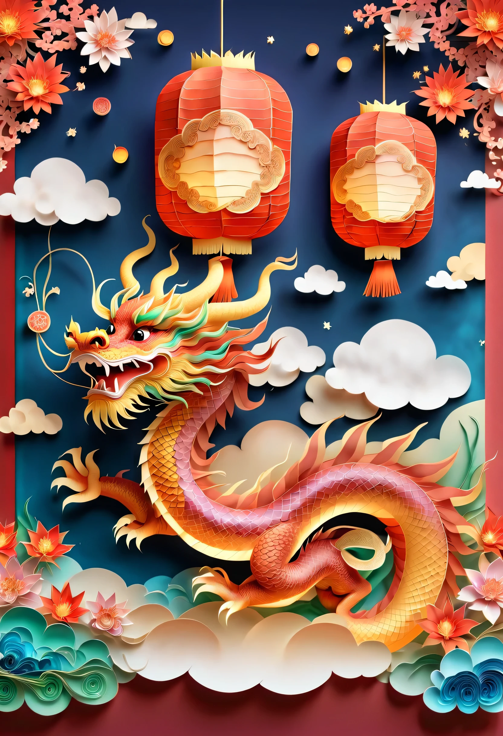 (sandbox:1.4), movie angle, (1个可爱的孩子挥舞着中国龙形状的lantern, Chinese New Year, festive, red background, cloud, flowers, fireworks, firecracker, lantern), (paper art, Quilted paper art, geometry), (extremely colorful, best quality, high detail, masterpiece, Cinema lighting, 4K, chiaroscuro)