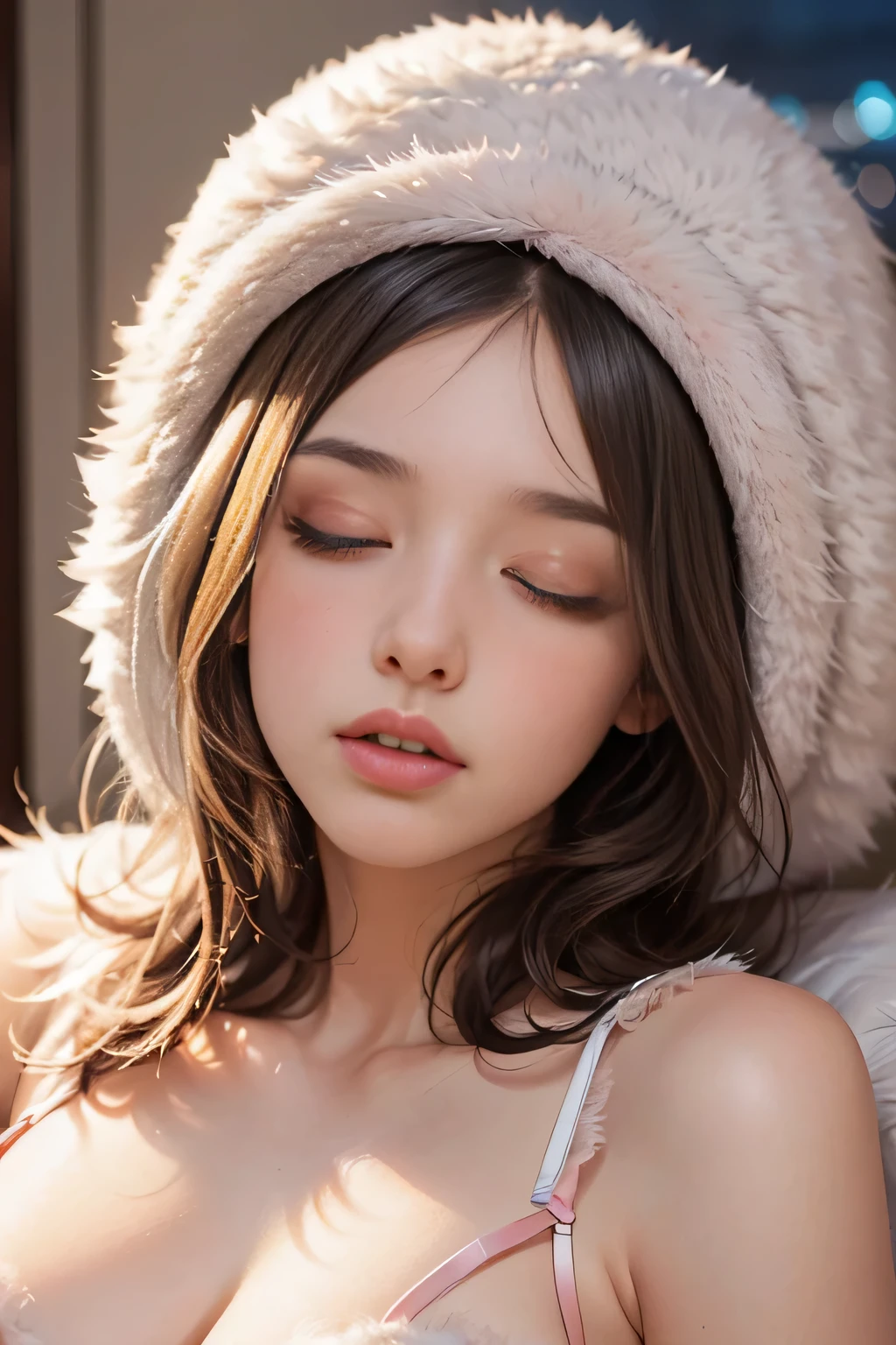 (highest quality,8K,32K,High resolution,masterpiece:1.2), Super detailed, (realistic,photorealistic,photo-realistic:1.37), (sleepy eyes, open your sleepy mouth, highly detailed eyes and face, long eyelashes), studio lighting,Physically based rendering,bright colors, (big breasts, super big breasts, super extra big breasts), (put on makeup, use blush, round fur sleeping cap, night wear:1.5),