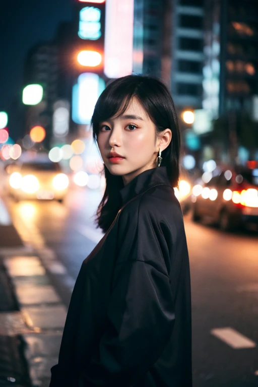 ((best quality)), ((masterpiece)), (Cinematic Aesthetic:1.4) Photo of a beautiful korean fashion model bokeh city night