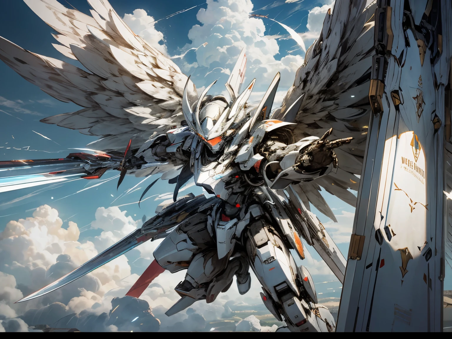Mecha,fly through the air,Equipped with sword,cloud,eyes glow,Wearing robotic wings,Equipped with shield,