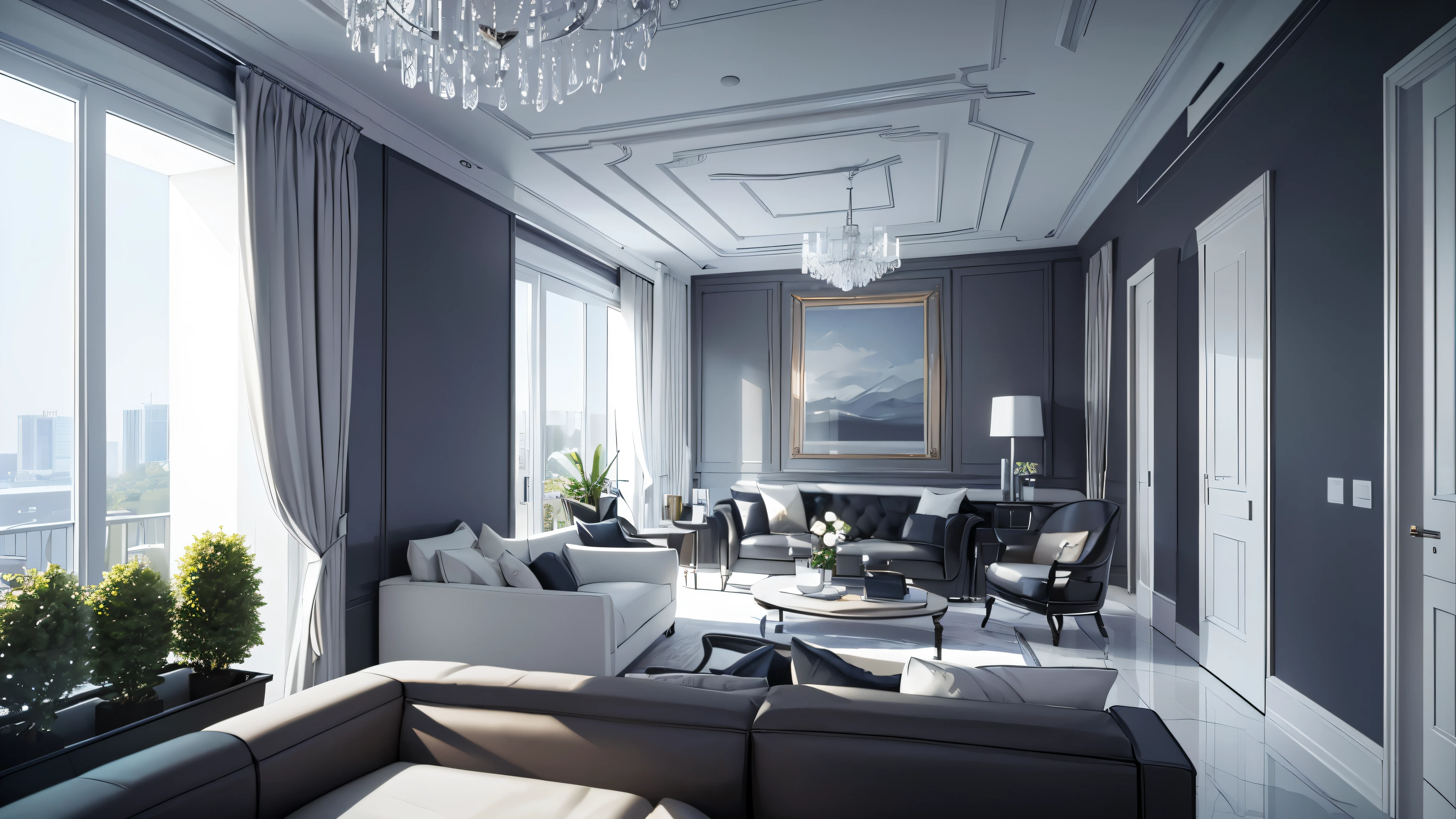 You are a famous interior designer、You have been asked to create a 3D image of a modern large room. Create a harmonious environment with modern and minimalist furniture. Including garden interior.