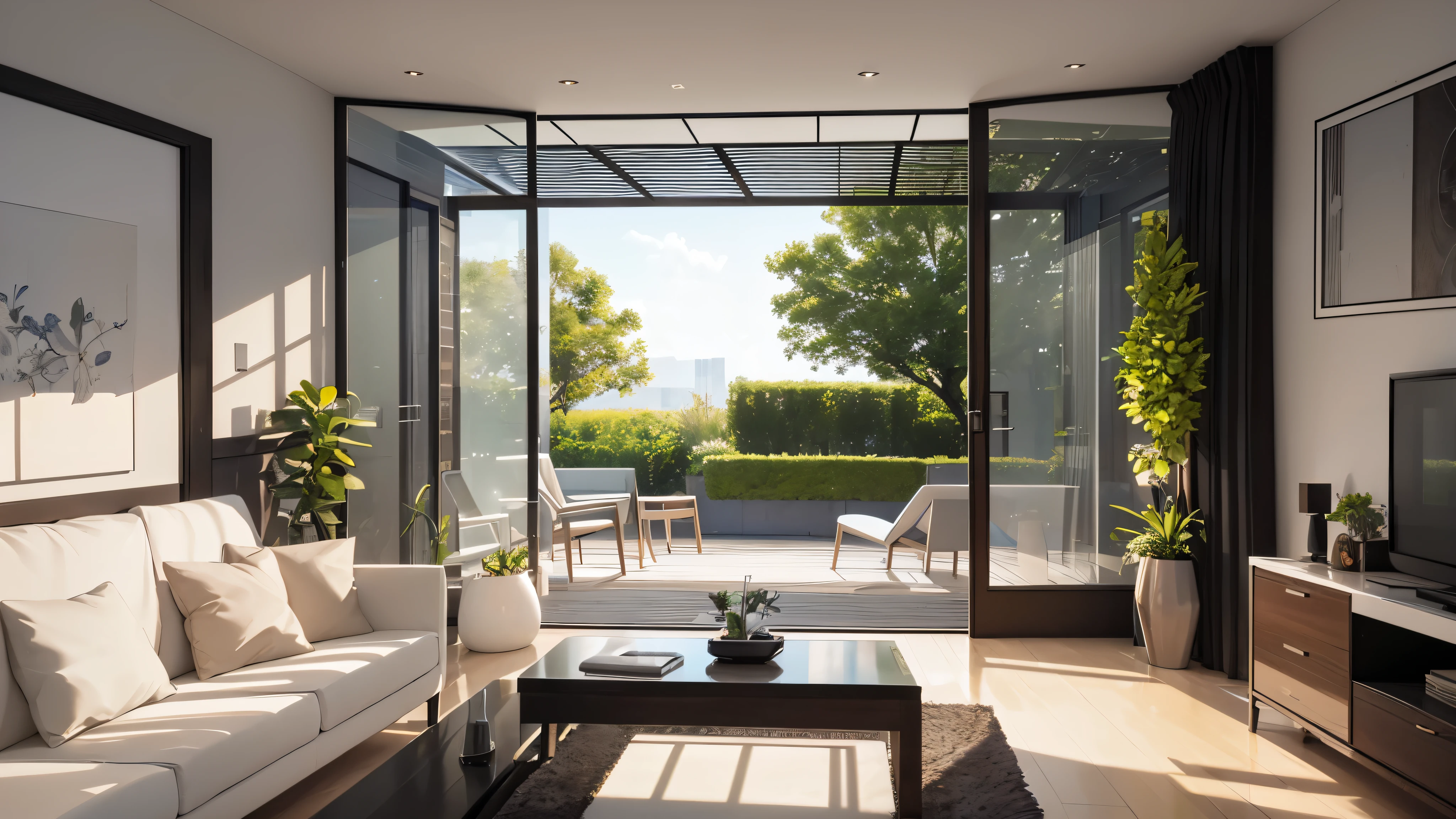 You are a famous interior designer、You have been asked to create a 3D image of a modern large room. Create a harmonious environment with modern and minimalist furniture. Including garden interior.