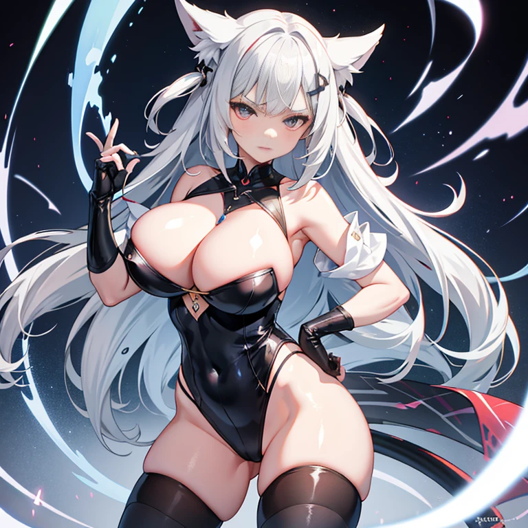 adult girl, Side Up Tail ,silver hair, Vermilion eyes,constriction,angry face,big breasts,side boob, thighs,blue clothes, slit, Thighhighs,