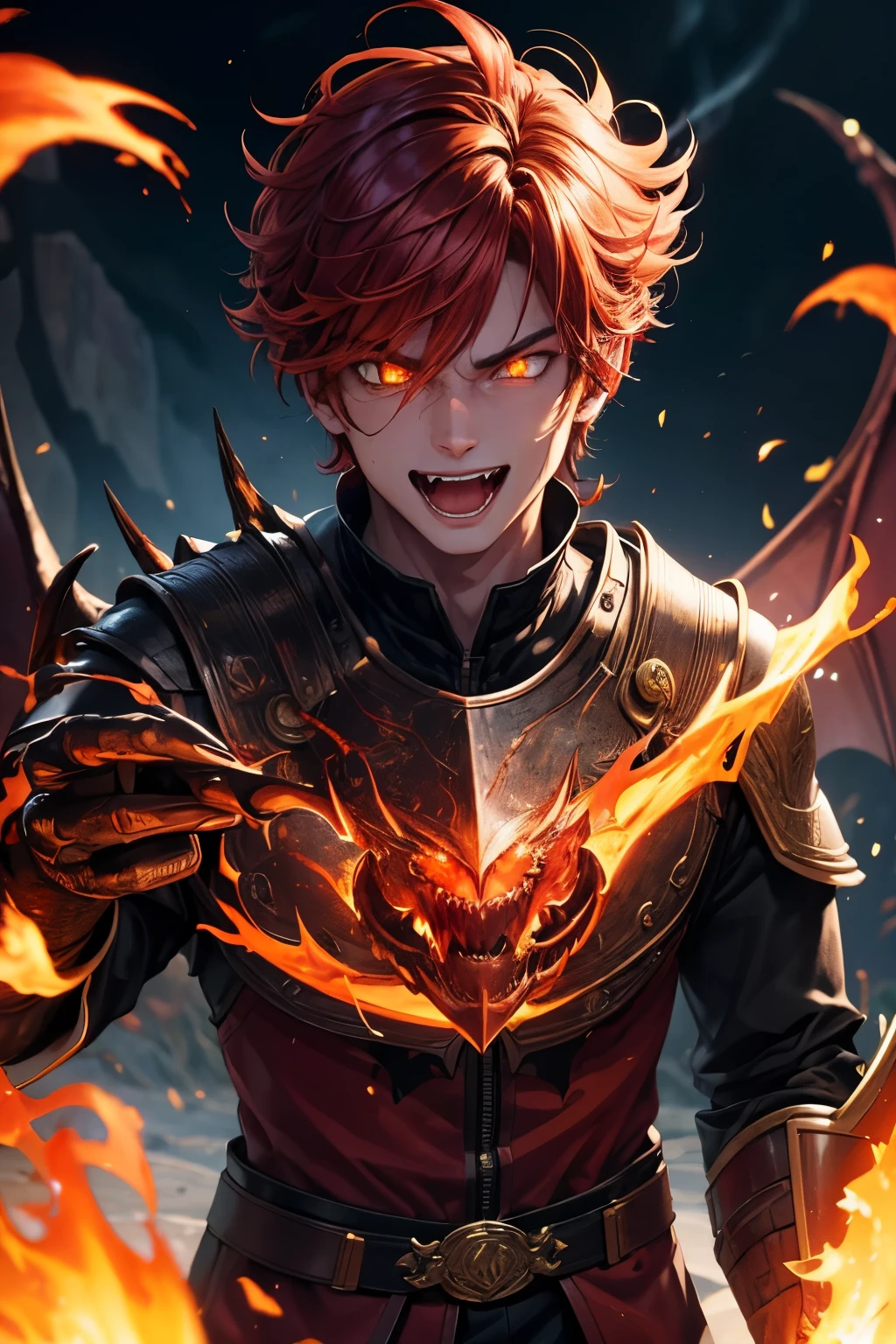 (masterpiece, best quality, absurdres), high quality, highres, ultra detailed, intricate, depth of field, cinematic lighting, soft lighting, yellow light, night, close-up, looking at viewer, handsome man, 1man, dragon man, short hair, red hair, red eyes, ((predator pupils, glowing eyes)),black horns, wings, ((evil smile, fangs, open mouth)), fantasy, realistic fire in background, surrounded by fire, embers, molten rock