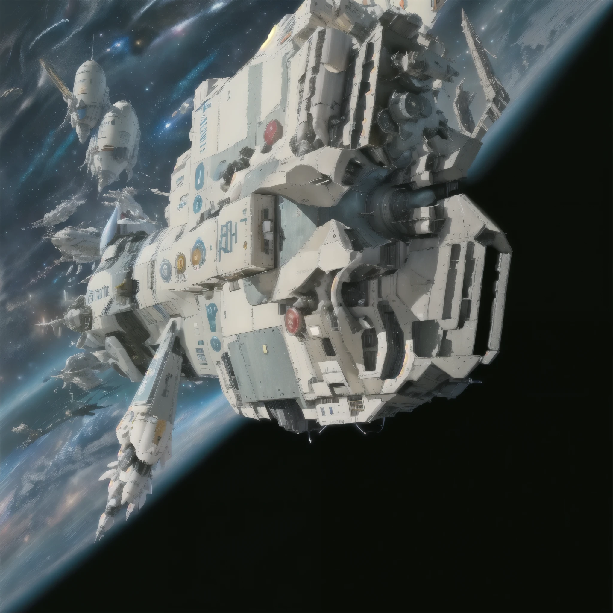 spaceship in space with a view of earth and blue sky, detailed spaceship, science fiction spacecraft, scifi space station, cgi rendering, cgi render, space ship in space, big train in space, intricate machine in space, spaceship in space, futuristic space station, detailed crash space ship, nostromo, redshift render, sci - fi spaceship in combat
