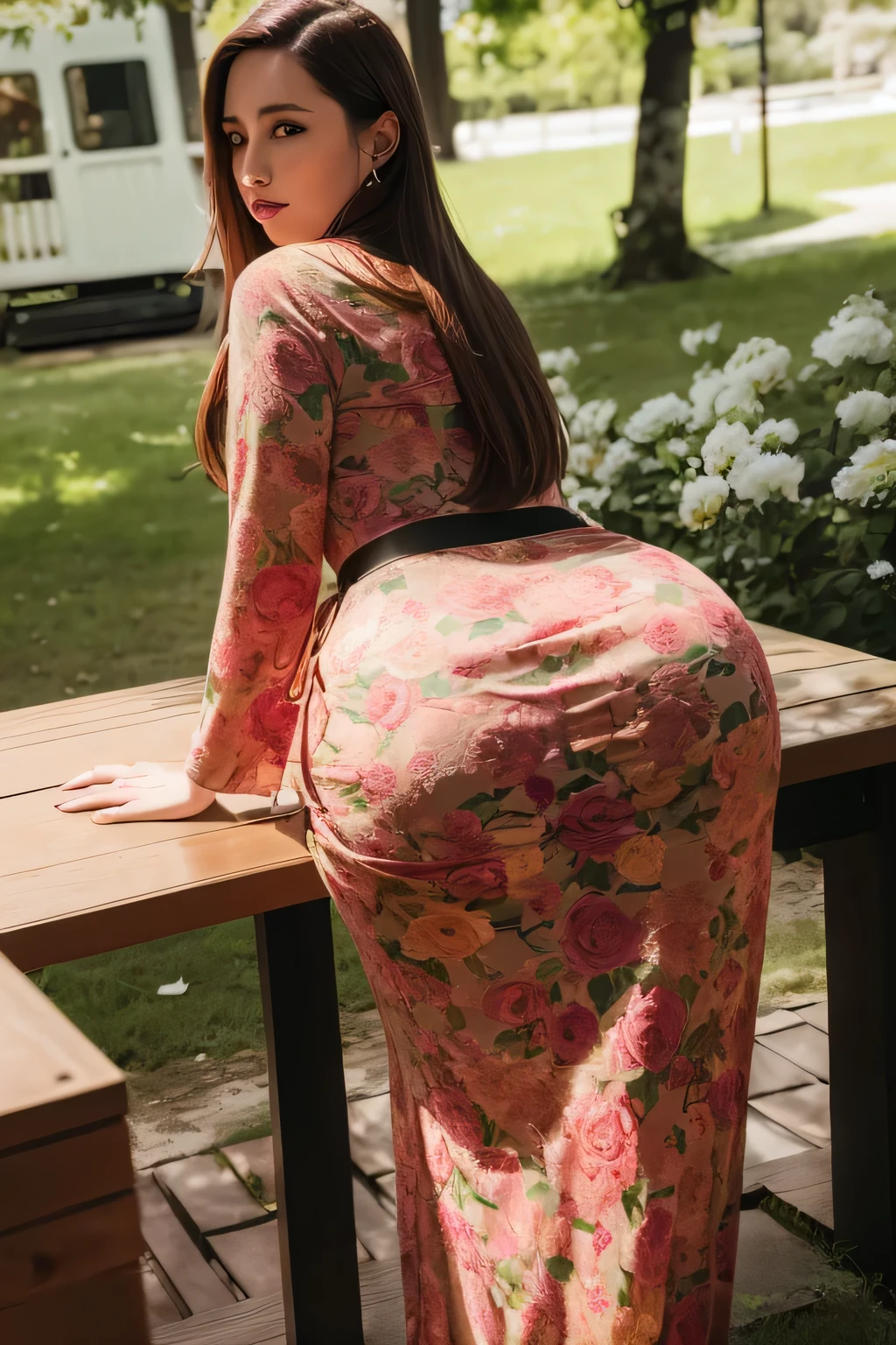 pregnant woman in yellow acmm dress sitting on a bench in a park, wearing acmm grown , photo taken from behind, photographed from the back, backview, back pose, full body in view, in full growth from the back, doing an elegant pose over you, dressed in a flower dress, close-up shot from behind, full growth from the back,acmm skirt wrapped around her hips,
acmm skirt wrapped tightly around her hips,
tight acmm topand tight acmm skirt,
hips emphasized,8k,hyper realistic,highest resolution,
highest detailed,
hd