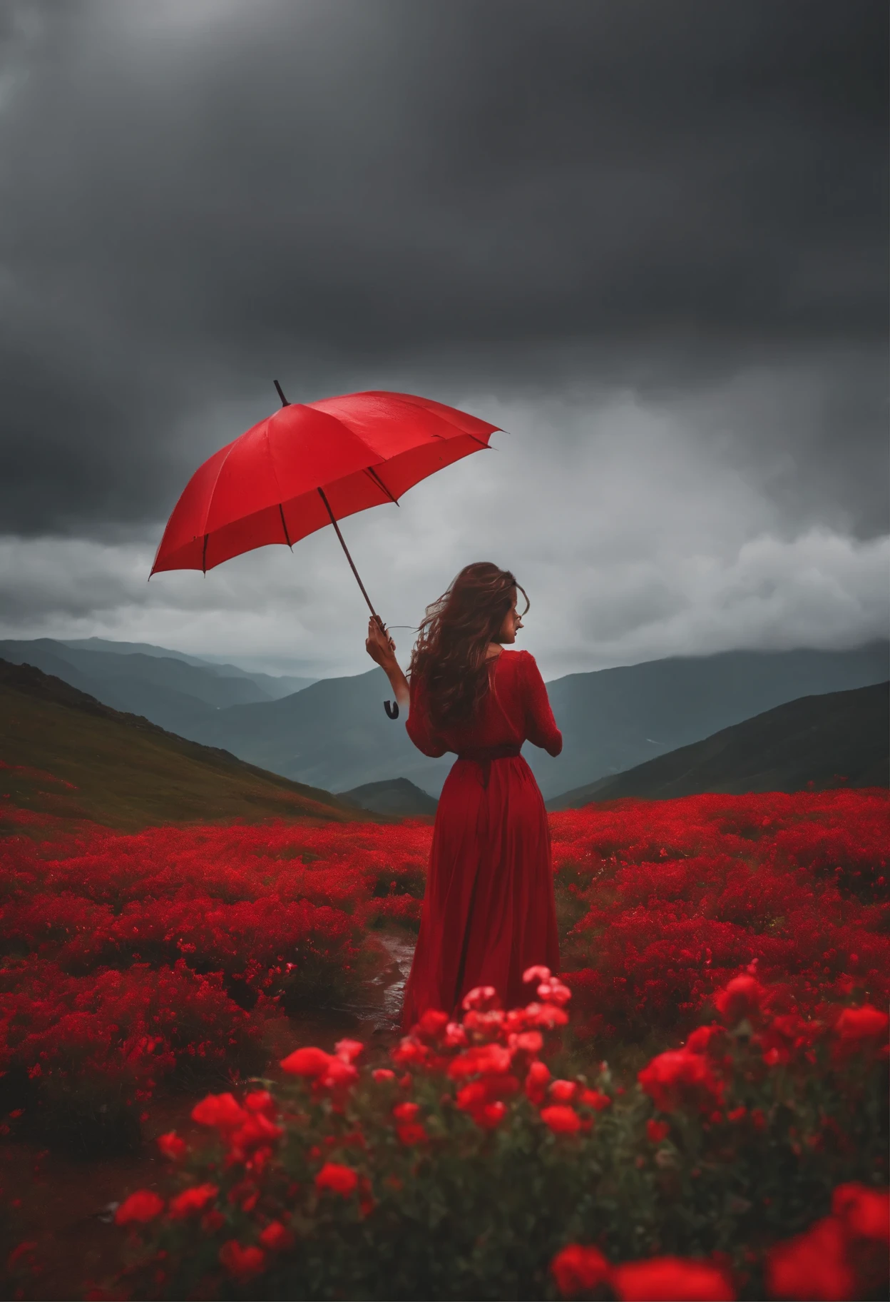 under rain,A sea of red flowers all over the mountains and plains,Ultra-long distance,girl holding umbrella