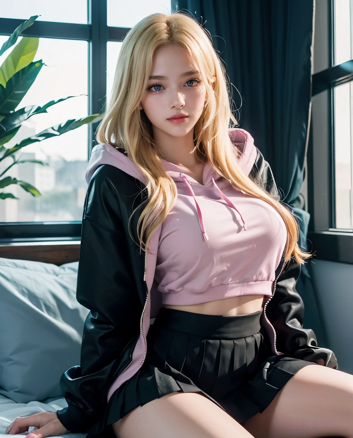 1girl, Blue eyes, (smile), (black and pink hoodie), shiny makeup, (Sana Minatozaki), wide hips, Big , big ass, (Best Quality, 8k, Masterpiece: 1.3), perfect hands, Clear Focus: 1.2, Perfect Body Beauty: 1.4, Highly detailed face and skin texture, detailed eyes, double eyelids, (blonde long hair :1.2), (black pleated skirt), sitting, in a age girl's room