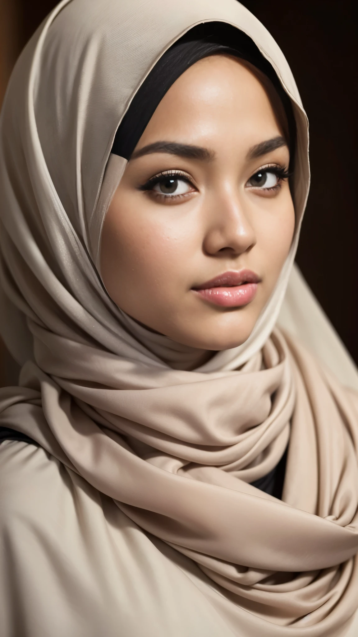 RAW, Best quality, high resolution, masterpiece: 1.3), beautiful Malay woman in hijab,Masterpiece, perfect fit body, big breast, biggorgeous eyes, Soft smile,thick thighs,close up of a woman wearing a scarf and a black dress, hijab, headshot profile picture, portait photo profile picture, high quality portrait, close up potrait, white hijab, beautiful image, malaysian beauty, , 🤤 girl portrait glent lighting, Bright colors, Clean lines