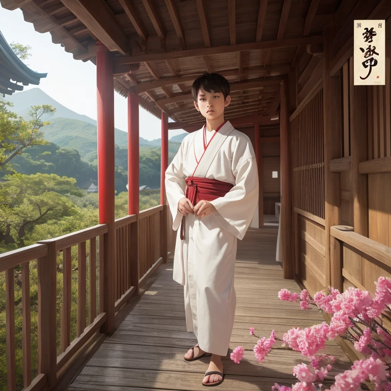 High resolution, Super detailed, masterpiece, highest quality,oriental、boy、ancient japanese peasant clothes、alone、game poster、outside、