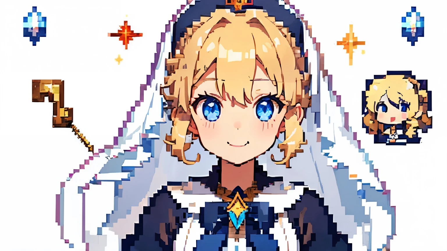 (pixel art:1.2),((Her hair is blonde and curly)),(Fluffy voluminous ponytail),((A tiara-like hair clip in a knot)),(The hair in the ponytail is permed and fluffy.),BREAK ((Girl with blue eyes)),her face is cute、smile,BREAK ((white and blue monastic robes)),(Nun&#39;s hat and sheer veil),BREAK ((Warm navy blue muffler)),((wand with crystal jewels:1.4)),((Right alignment)),
