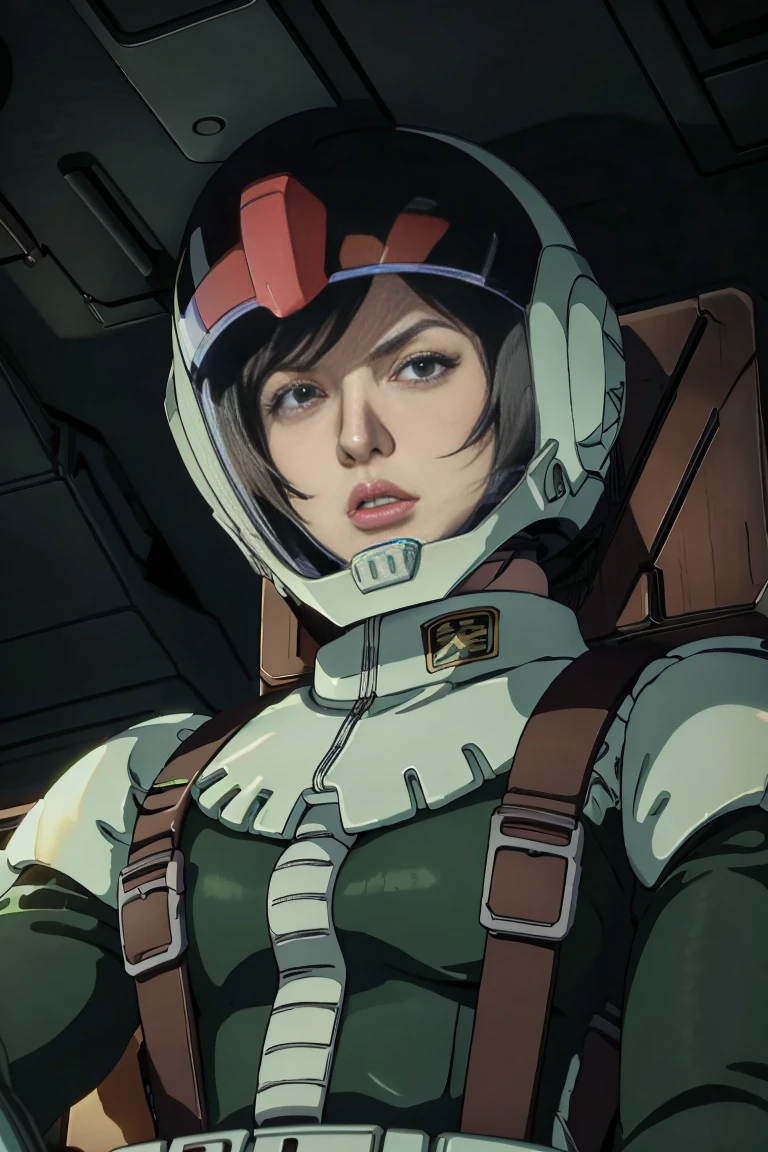 (((masterpiece,highest quality,In 8K,Super detailed,High resolution,anime style,absolutely))),Zeon female pilot sitting in the cockpit,(alone:1.5),(Angelina jolie:1.5),(((The background is the cockpit of a dark mobile suit..:1.5))),((blur background:1.5)),(Wearing a pilot suit:1.5),((Wearing a full-face helmet:1.5)),(Beautiful woman:1.5),(Detailed facial depiction:1.5),(big breasts:1.3),(wallpaper:1.5),(from below:1.5)