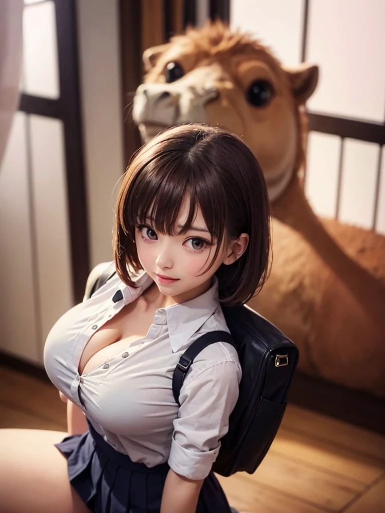 （1 girl：1.3），realistic写真，realistic：1.4 Official art，super detailed，beautiful and beautiful，big breasts beautiful，master piece，best quality person，sitting，Spread your legs in an M shape，camel toe， ，（Exposing big cleavage）、white shirt opens、19 years old、skirt、upward glance、smile