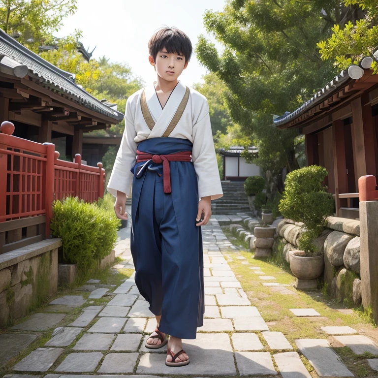 ハンサムなboy、(Photoreal:1.4),ultra high resolution, Super detailed, masterpiece, highest quality,oriental、boy、alone、game poster、kimono、pants、fields、farmer、
