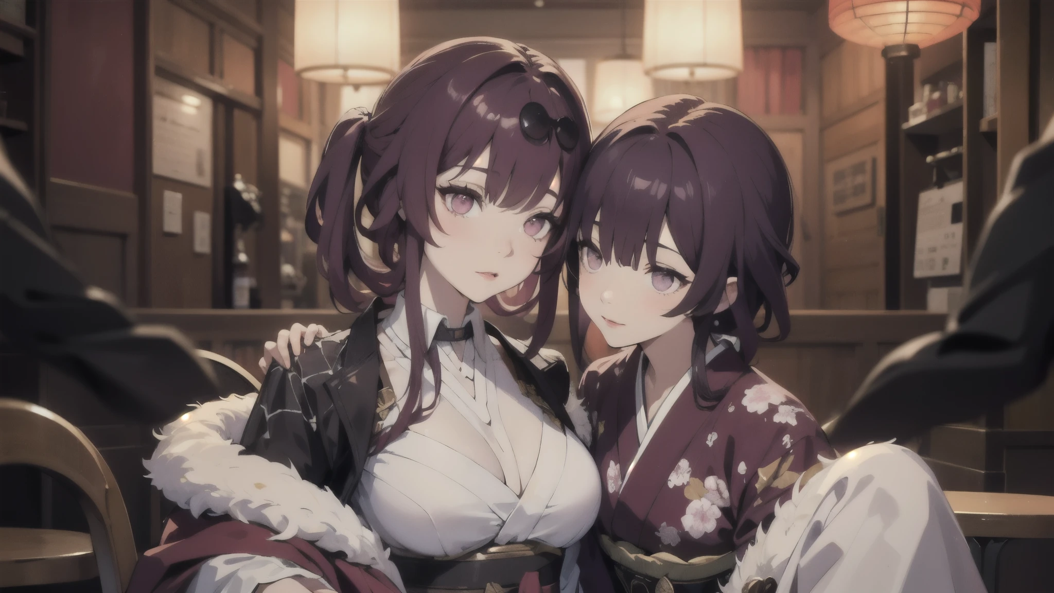 In this scene, Kafka from Honkai Star Rail is elegantly adorned in a traditional kimono, infusing the atmosphere with a sense of cultural richness. The kimono, adorned with intricate patterns and hues, complements her mature and feminine figure, draping gracefully around her form. Her deep reddish-purple hair is styled elegantly, and a gentle ponytail adds a touch of refinement. Kafka's expression shifts to a shy demeanor, softening her features with a subtle blush and lowered gaze. The deep red-violet irises convey a mix of bashfulness and intrigue, creating an endearing charm. 