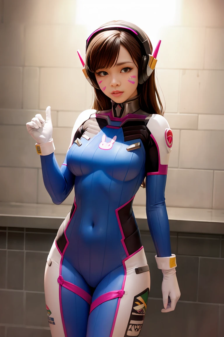 (masterpiece), (best quality),blue_bodysuit, 1girl, d.va_\(overwatch\), animal_print, bangs, bodysuit, bracer, medium_breasts, brick_wall, brown_eyes, brown_hair, whisker_markings, bunny_print, pilot_suit, pink_lips, ribbed_bodysuit, character_name, checkered_background, clothes_writing, facepaint, gloves, headphones, high_collar, honeycomb_\(pattern\), honeycomb_background, lips, long_hair, looking_at_viewer, solo, standing, swept_bangs, thigh_strap, tile_floor, tile_wall, tiles, turtleneck, white_footwear, white_gloves,pilot_suit,shoulder_armor, shoulder_pads, (kbxll:0.6),