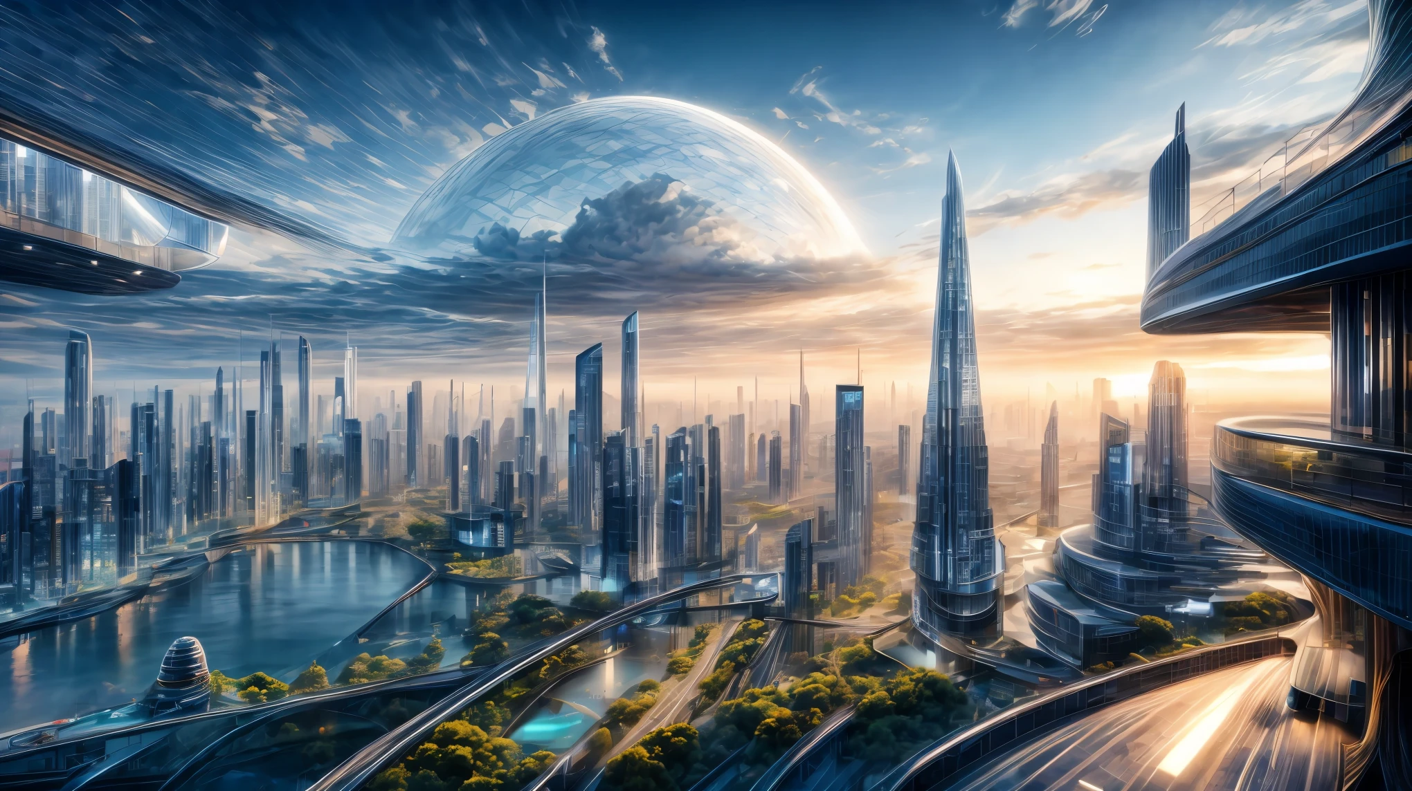 (Best quality,4K,8K,A high resolution,Masterpiece:1.2),Ultra-detailed,(Realistic,Photorealistic,photo-realistic:1.37),Futuristic floating city,Futuristic technology,Huge urban high-tech tablet platform,Airship,Floating in the sky,Futuristic city,Small airships around,High-tech hemispherical platform,Colorful lights,Advanced architecture,modernn architecture,skyscrapper,Access the cloud,Scenic beauty,view over city,Impressive design,Blend seamlessly with nature,energetic and vibrant atmosphere,Futuristic transportation system,Parking is suspended,Transparent path,Lush greenery,Sky gardens,cascading waterfalls,Magnificent skyline,reflections on the water,Sparkling river,Architectural innovation,futuristic skyscrapers,Transparent dome,The shape of the building is unusual,Elevated walkway,Impressive skyline,Glowing lights,Futuristic technology,Minimalist design,Scenic spots,Panoramic view,Cloud Piercing Tower,Vibrant colors,epic sunrise,epic sunset,Dazzling light display,magical ambiance,The future city,Urban Utopia,LuxuryLifestyle,Innovative energy,sustainable development,Smart city technology,Advanced infrastructure,Tranquil atmosphere,Nature and technology live in harmony,Awesome cityscape,Unprecedented urban planning,Architecture connects seamlessly with nature,High-tech metropolis,A cutting-edge engineering marvel,The future of urban living,Visionary architectural concept,Energy-efficient buildings,Harmony with the environment,A city floating above the clouds,Utopian dreams become reality,The possibilities are endless,State-of-the-art transportation network,Green energy integration,Innovative materials,Impressive holographic display,Advanced communication system,Breathtaking aerial view,Quiet and peaceful environment,Modernist aesthetics,Ethereal beauty