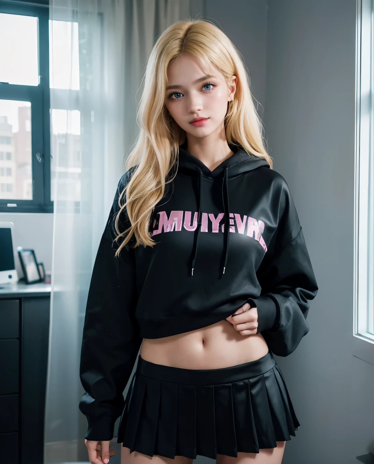 1girl, Blue eyes, (smile), (black and hot pink hoodie), shiny makeup, (Sana Minatozaki), wide hips, Big , big ass, (Best Quality, 8k, Masterpiece: 1.3), perfect hands, Clear Focus: 1.2, Perfect Body Beauty: 1.4, Highly detailed face and skin texture, detailed eyes, double eyelids, (blonde long hair :1.2), (black pleated skirt :1.2), standing, dynamic pose, in a teenage girl's room
