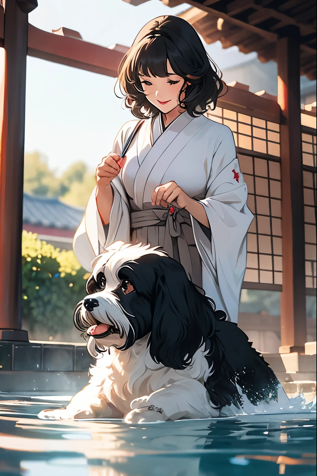 Portuguese water dog playing with a Japanese beauty