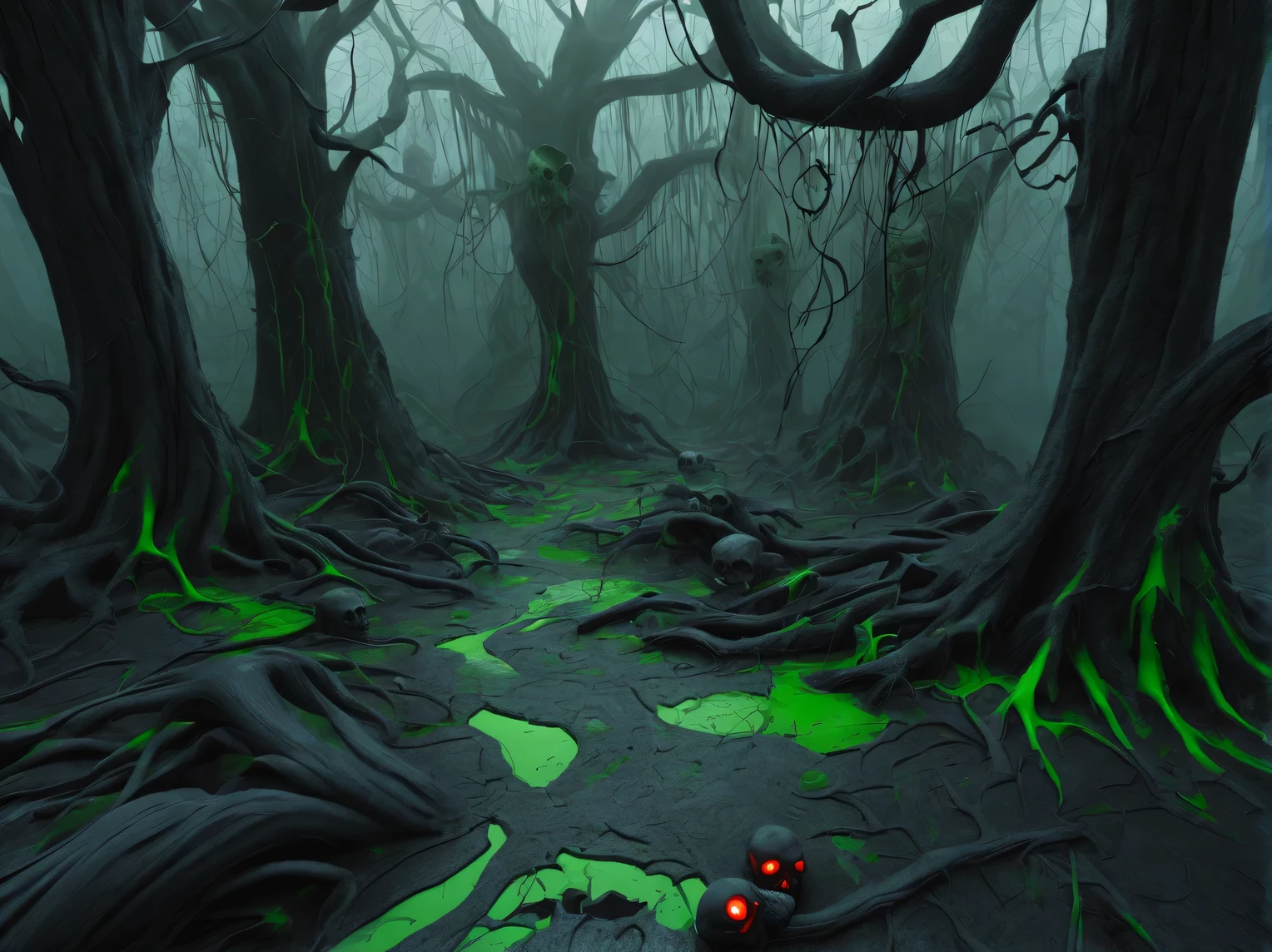 there is a very creepy place with gray ashen earth, there are dry blackened trees with cracked trunks around, green slime oozes from cracks on tree trunks and flows down to the ground forming green slimy puddles, bones and skulls are scattered on the ground, there is a spider web between the dry branches of trees, creepy spider-like monsters with red eyes sit on the web, the atmosphere of this places cause fear and horror, the whole place is permeated with horror