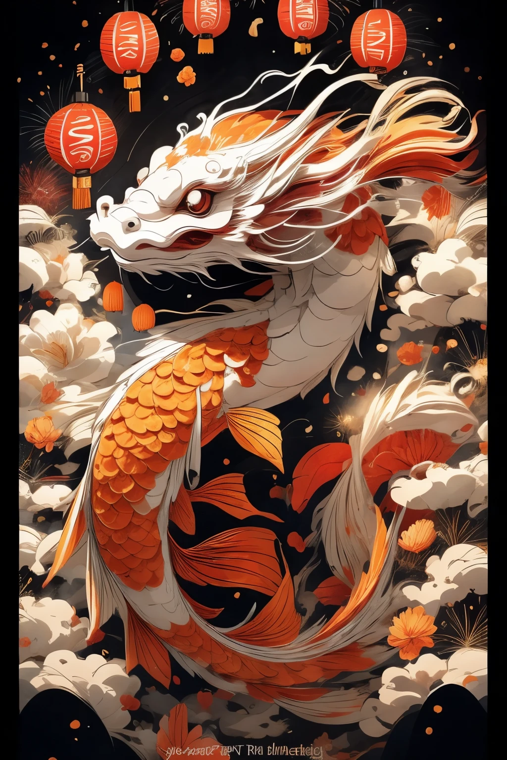 Koi fish surround cute chinese dragon, firework background，Chinese new year decoration，（（（four red lanterns）））（（（masterpiece）））， （（best quality））， （（intricate details））（8k）