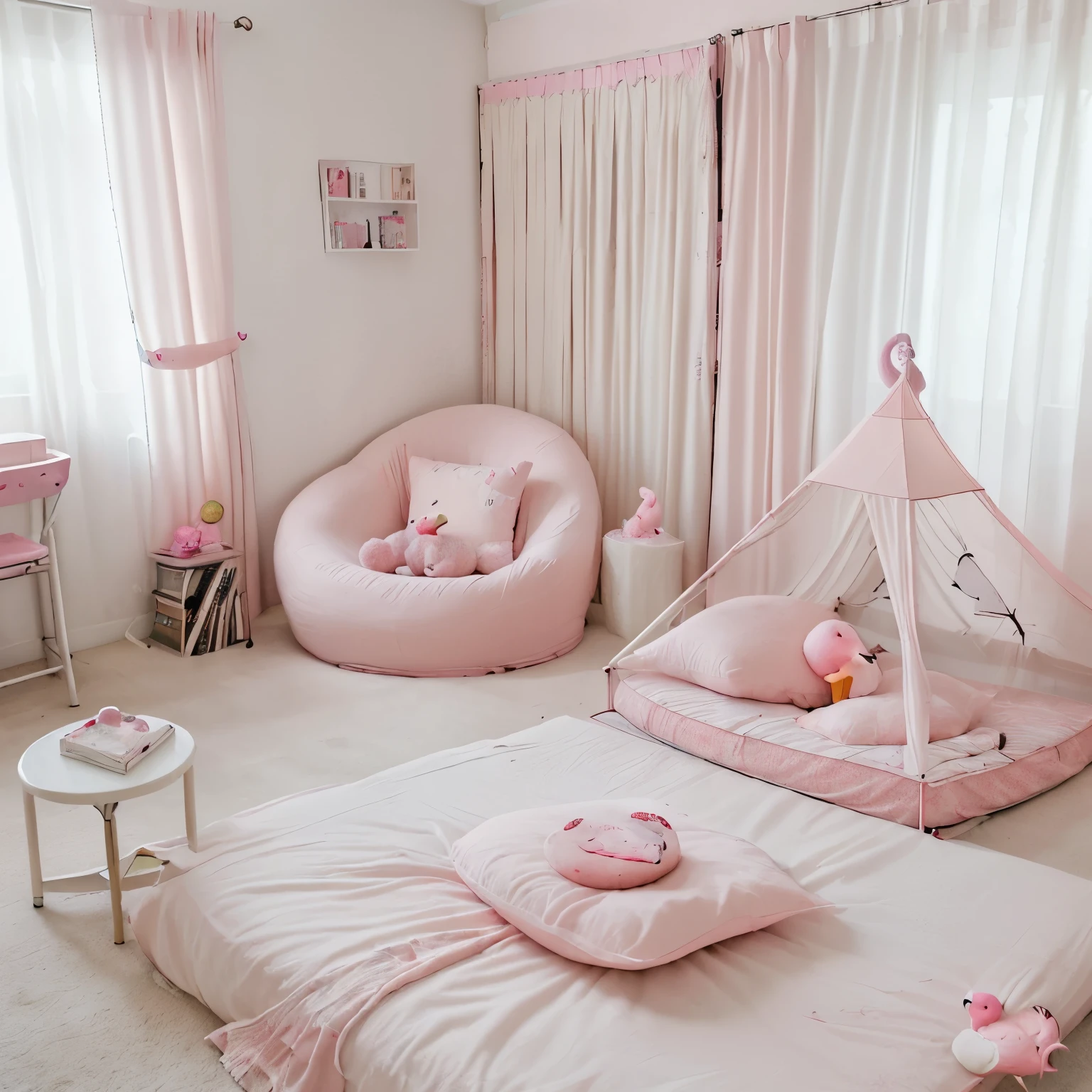 Girl bed room with Flamingo bird style, bed, lazy bean bag, desk with Dell laptop, Mango name board, Sentence :' Do what you love', tent, carpet , window with curtain, teddy bear, book shelves, all is pink and white color mixed, air condition , wardrobe