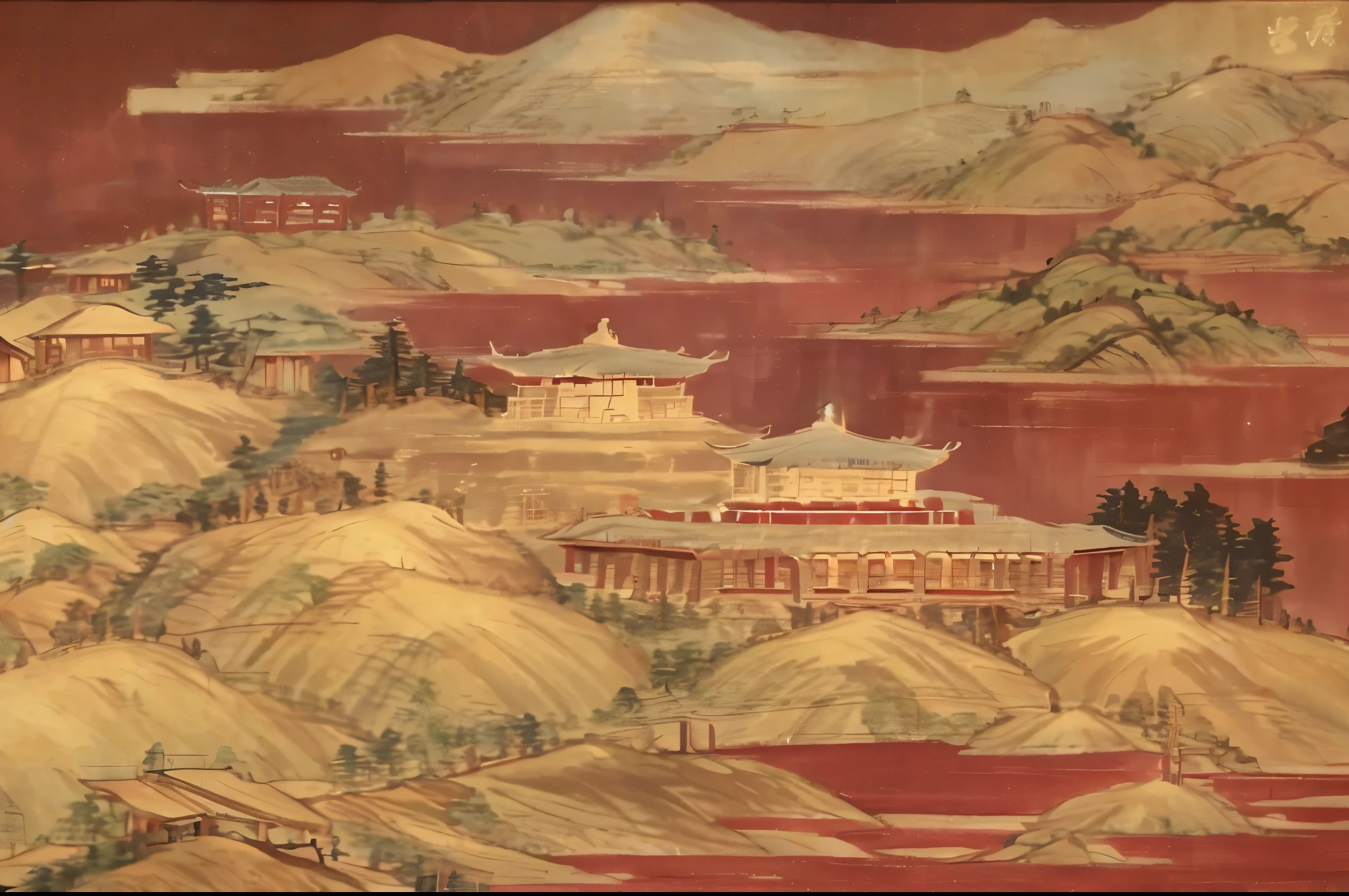 a close up of a painting of a mountain with a building, chinese landscape, inspired by Ma Yuan, inspired by Yun Shouping, pagodas on hills, inspired by Yang Buzhi, oriental scene, with ancient chinese aesthetic, inspired by Shen Shichong, qing dynasty, oriental wallpaper, song dynasty, hanging silk scroll, inspired by Lu Zhi