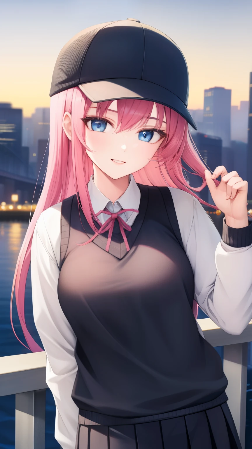 (masterpiece, best quality:1.2), close-up image of, a person with long pink hair, blue eyes, wearing a black snapback hat, with a white long-sleeved sweater and a black knitted vest, a short gray school skirt, ultra detailed, best quality, expressive eyes, perfect face, ultra hight quality, ultra detail , pink ribbon, he is , breasts a little, smiled evilly, look me, city background night