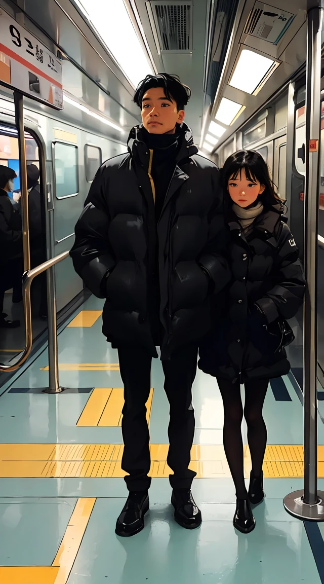 Two people standing side by side on a train, nostalgic melancholic artwork, A man looking at the scenery outside the subway door,man looking at man,vivid colors, soft focus, Light leakage, dreamy winter atmosphere, experimental charm, Retro charm break color field painting, A variety of colors, abstract expressionism, bold hues, emotional impact, atmospheric depth, Minimalist approach BREAK, Cool Man, UHD (ultra detail) Viewers watching him wearing hip-hop style padding.., another, fancy,black hair , bright padded clothing, White stardust in dark areas, absurd, high resolution, very detailed, (1 male : 1.3)