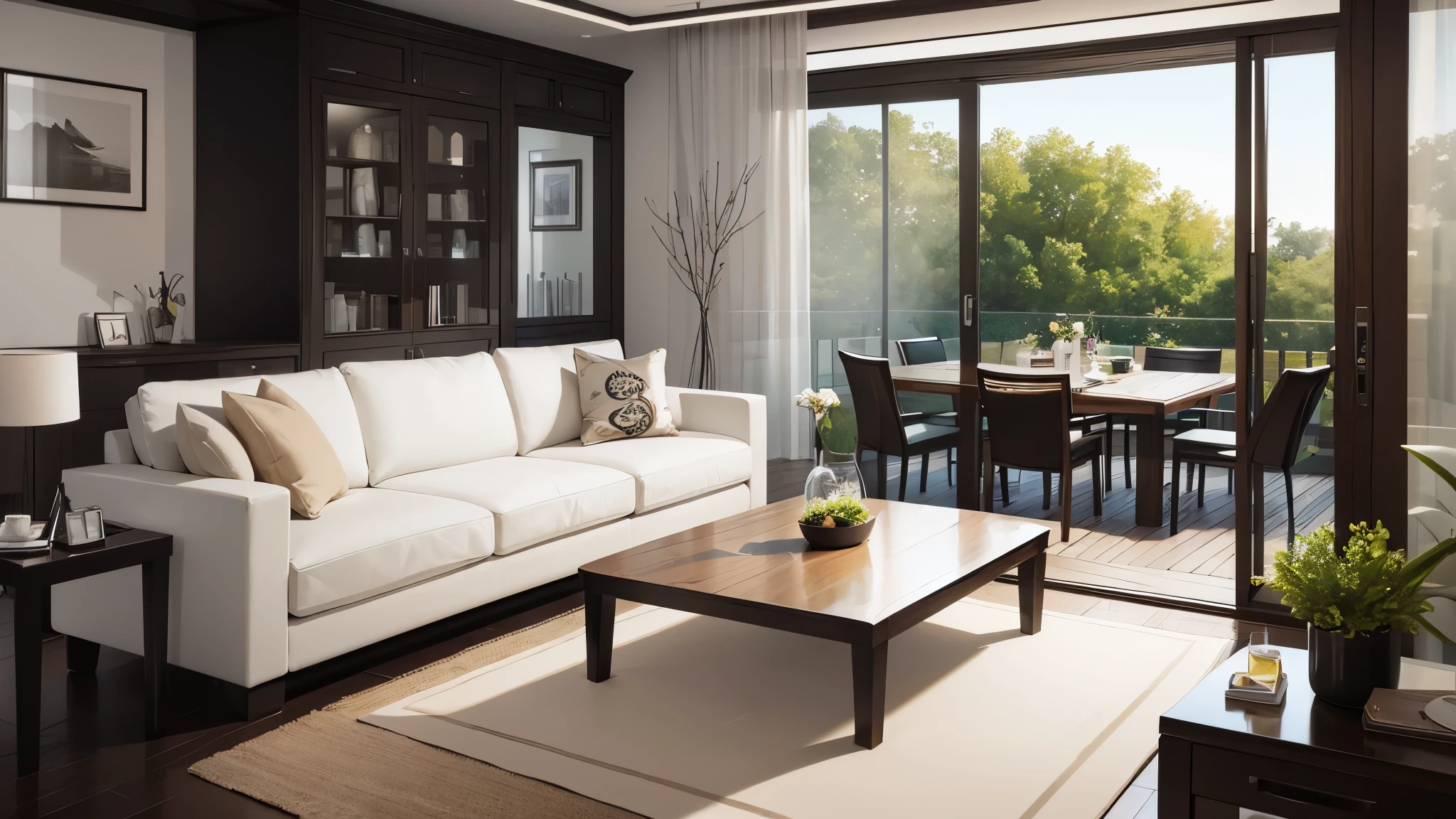 You are a famous interior designer、You have been asked to create a 3D image of a modern large room. Create a harmonious environment with modern and minimalist furniture. Including garden interior.