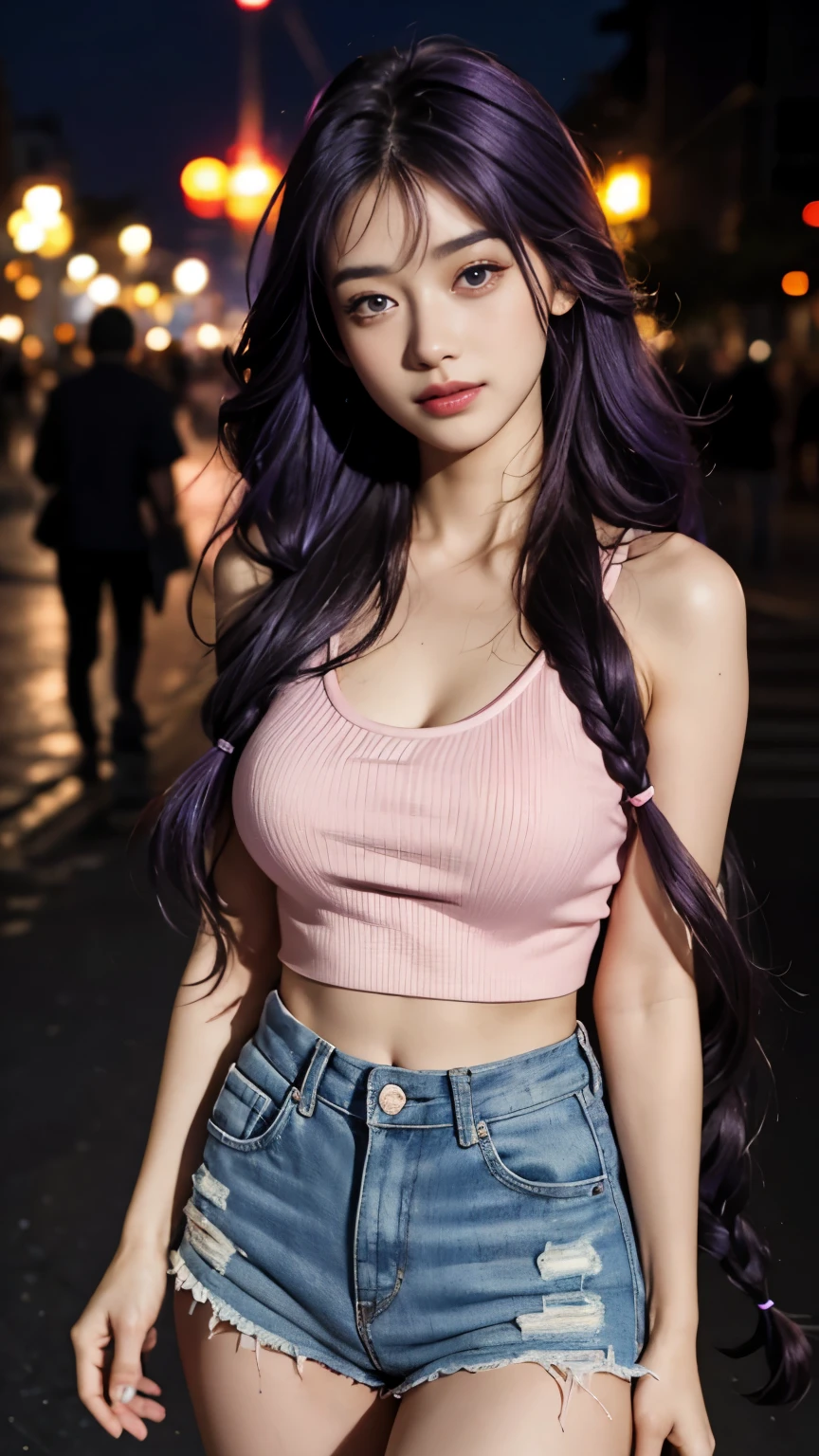 8K resolution，ultra high resolution，best picture quality，masterpiece，HD photos，beautiful girl，Moisturized lips，Peerless beauty，Purple hair big breasts，purple hair，long hair，thick braid，fluffy hair，Rich and beautiful makeup，Exquisite and perfect facial features、purple eyes、Ruddy face、oval face、sweet smile、huge ，Super slim body、、Seaside at night、beach、（Wearing a pink high-waisted crop top and tight T-shirt）、wearing shorts、macro shot、Take a picture with your phone、Night mode，