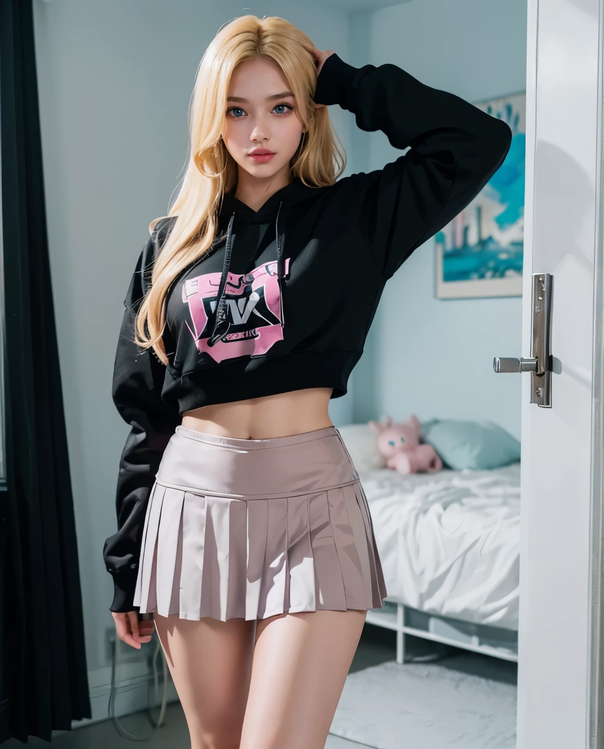 1girl, Blue eyes, (smile), (black and hot pink hoodie), shiny makeup, (Sana Minatozaki), wide hips, Big , big ass, (Best Quality, 8k, Masterpiece: 1.3), perfect hands, Clear Focus: 1.2, Perfect Body Beauty: 1.4, Highly detailed face and skin texture, detailed eyes, double eyelids, (blonde long hair :1.2), (black pleated skirt :1.2), standing, dynamic pose, in a teenage girl's room