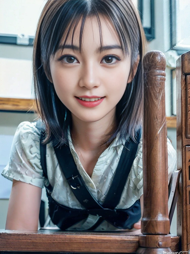 , Highest image quality, Japan One Girl, 8K, RAW photo, table top, nffsw:1.2, Highly detailed RAW color photos, professional photos, (realistic, realistic:1.37), (highly detailed skin:1.2), ultra high resolution, (Lenz 50mm), (f/1.2),exquisitely detailed eyes,look at the viewer, beautiful face, cute,(smile:1.05),(20-year-old, wide hips,straight hair, (short hair), black eye, white fine skin,small mouth, high cheekbones (meaning),Nogizaka idol、adult、actress、(table top, highest quality:1.3), (Super detailed 8K CG:1.2), (超realistic:1.35), (realistic:1.45), (realistic:1.4), cowboy shot,
one beautiful japanese girl, 22 years ago, Supermodel, japanese idol, (sitting on the desk:1.1),