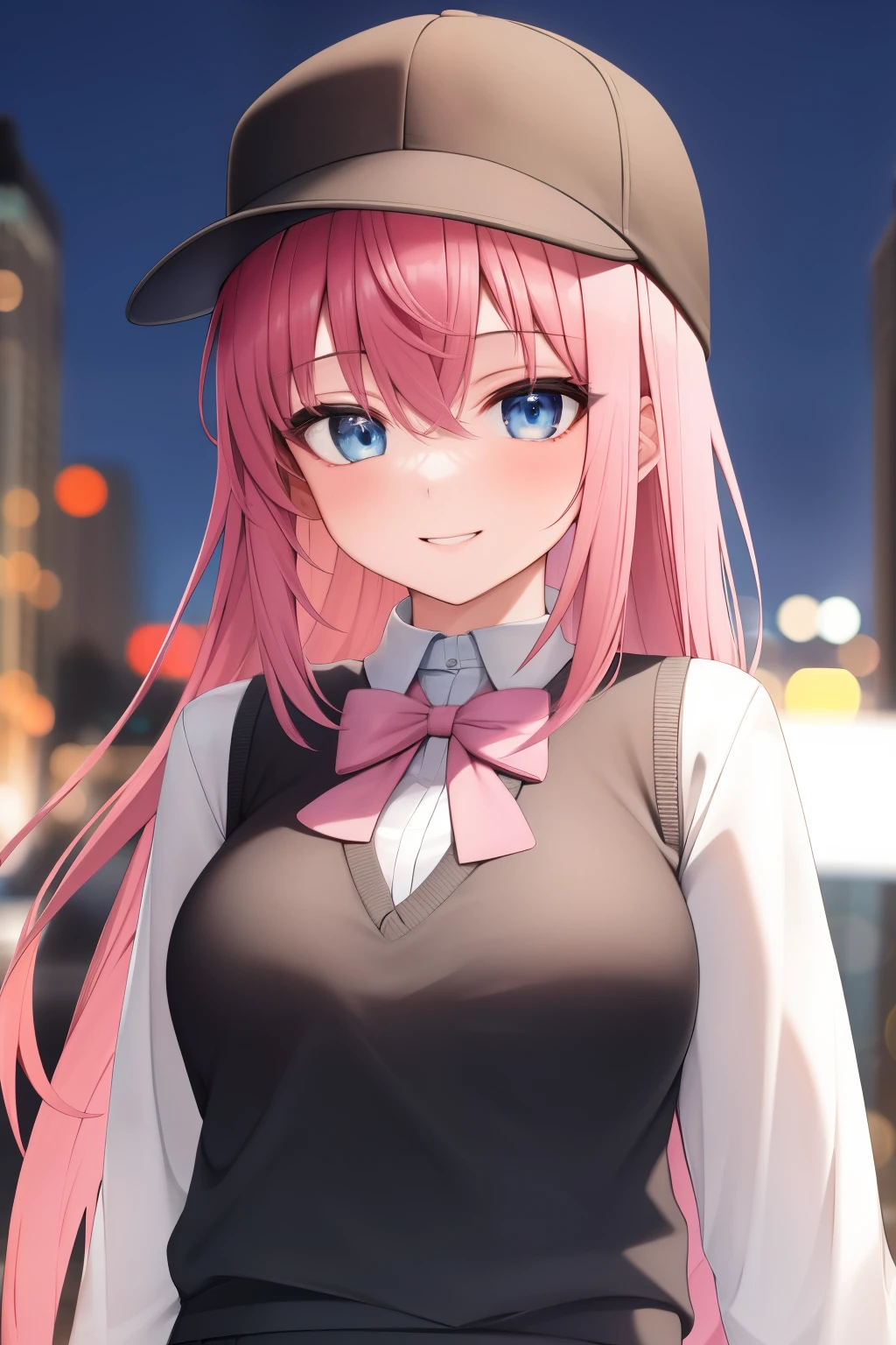 (masterpiece, best quality:1.2), close-up image of, a person with long pink hair, blue eyes, wearing a black snapback hat, with a white long-sleeved sweater and a black knitted vest, a short gray school skirt, ultra detailed, best quality, expressive eyes, perfect face, ultra hight quality, ultra detail , pink ribbon, he is , breasts a little, smiled evilly, city background night,
