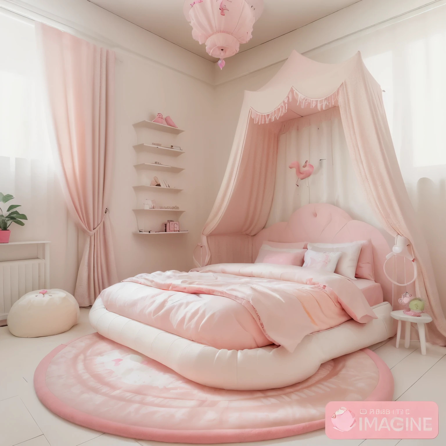 Girl bed room with Flamingo bird style, bed, lazy bean bag, desk with Dell laptop, Mango name board, Sentence :' Do what you love', tent, carpet , window with curtain, teddy bear, book shelves, all is pink and white color mixed, air condition , wardrobe