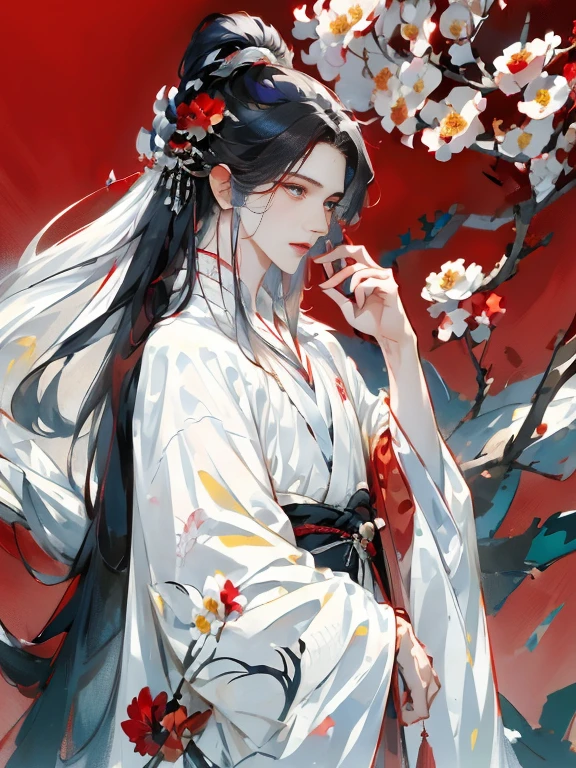 masterpiece, best quality, 8k, Light, ultra high resolution, Chinese painting, 1 boy, alone, flower, hair accessories, Red and black background, Blue-white hair, hair flower, Chinese Arts, hanfu, branch, long hair, sash, Upper body, Chinese clothes, jewelry, long sleeves, flowering branch