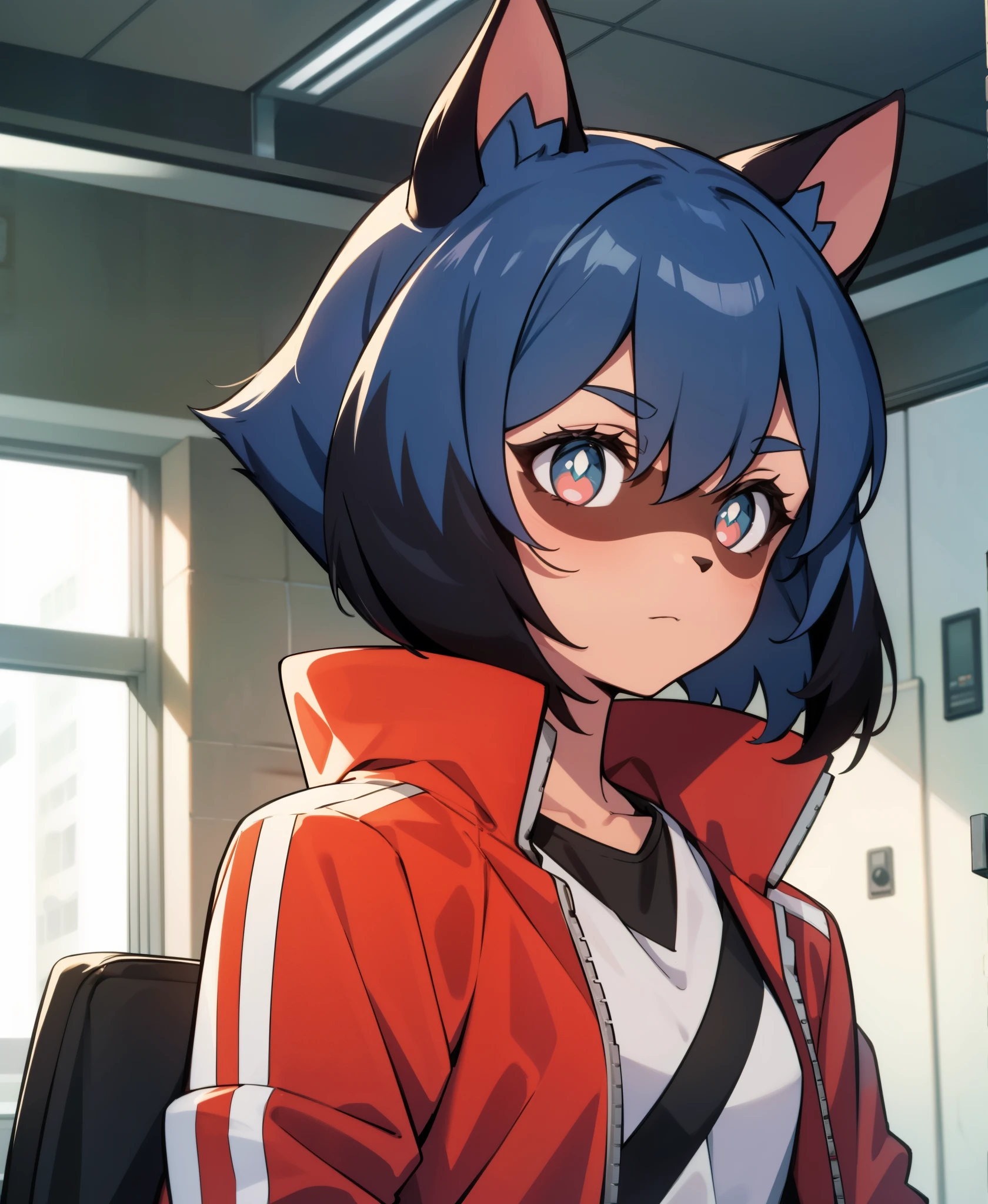 BNA masterpiece, best quality, 1girl, animal ears, solo, red jacket, jacket, furry, raccoon ears, furry female, blue hair, short hair, raccoon girl, closed mouth, shirt, upper body, multicolored hair, track jacket, indoors, body fur, multicolored eyes, black hair, white shirt, two-tone hair, looking to the side, bangs, hair between eyes, open clothes, animal nose