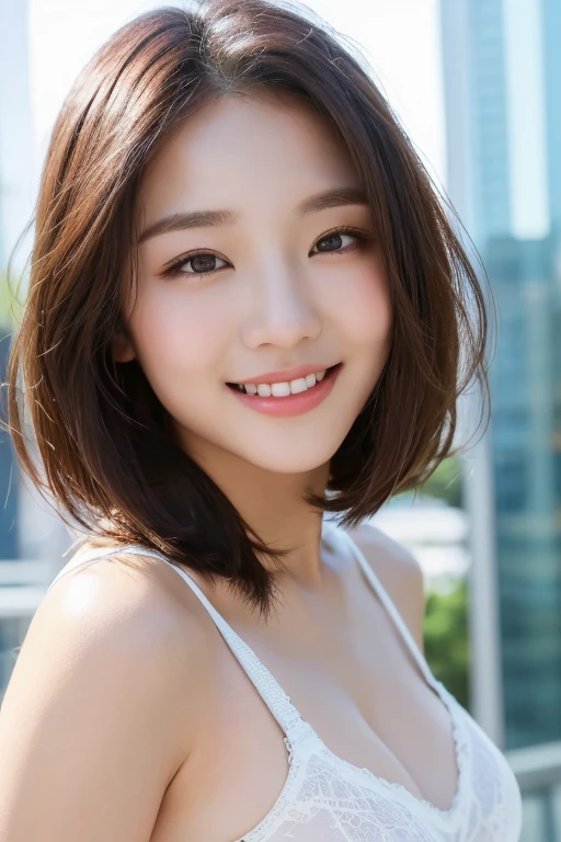 ((highest quality, 8K, masterpiece: 1.3)), 1 girl, smile, whole body, slim face, Beautiful woman, dark brown short hair, white underwear, super detailed face, fine eyes, double eyelid, blurred background, slim face, skyscraper