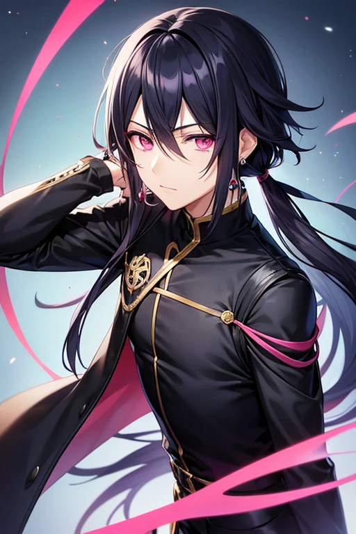 male anime character, pink eyes, black hair, long blue hourglass tip earrings, blue, red and black tone clothes, male  