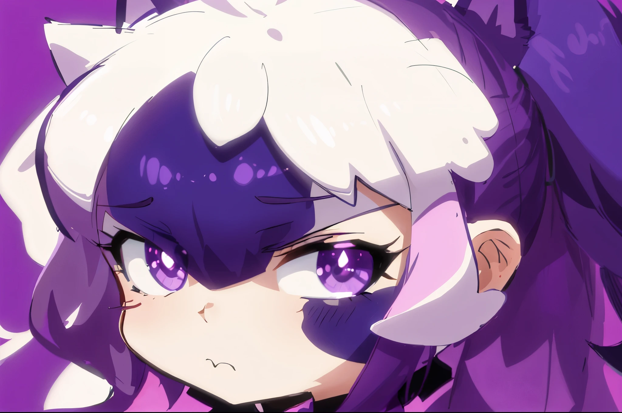 a close up of a cartoon furry dog character with a purple background, pouty, flat anime style shading, with glowing purple eyes, sly expression, melty, unknown artstyle, close up character, character art closeup, cel - shaded art style, intense expression, with splatoon style, inspired by Puru, art in the style of joshy sly, character close-up