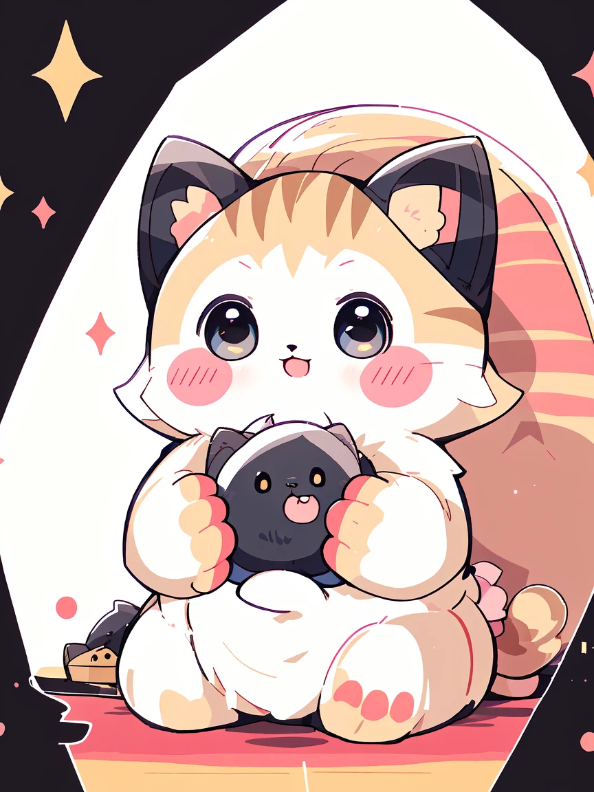 someone is petting a cat on the floor with a stuffed animal, with small cat on lap, big cheeks holding her cat, holding it out to the camera, glaring at the camera, cute furry needs your help, holding a cat, lovingly looking at camera, looking to camera, looking to the camera, looking straight to camera, looking confused, anime
