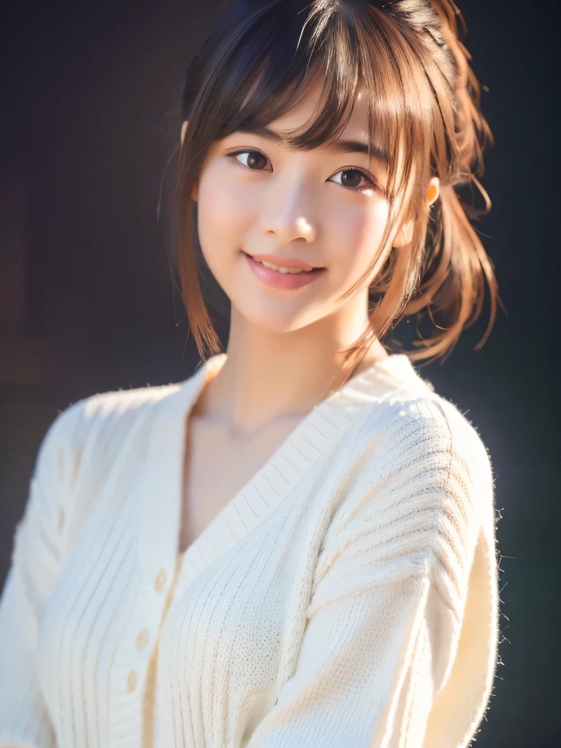 masterpiece, highest quality, RAW photo, realistic, smile, beautiful girl, cute, delicate girl, hair up, written boundary depth, High resolution, Super detailed, detailed, 非常にdetailedな目と顔, realistic student, sharp focus, cinematic lighting, Upper body, bangs, knit sweater,