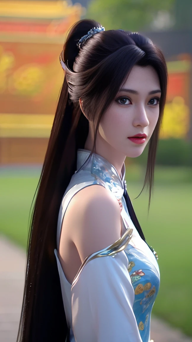 high quality images work of art masterpiece 1.3 beautiful asian girl cosplay Animation Da_yunxu animation perfect world with cheongsam costume ancient chinese smooth long black hair ponytail perfect face body perfect image looking at the viewer a truly beautiful work of art 3d image highest resolution uhd best quality image 32k