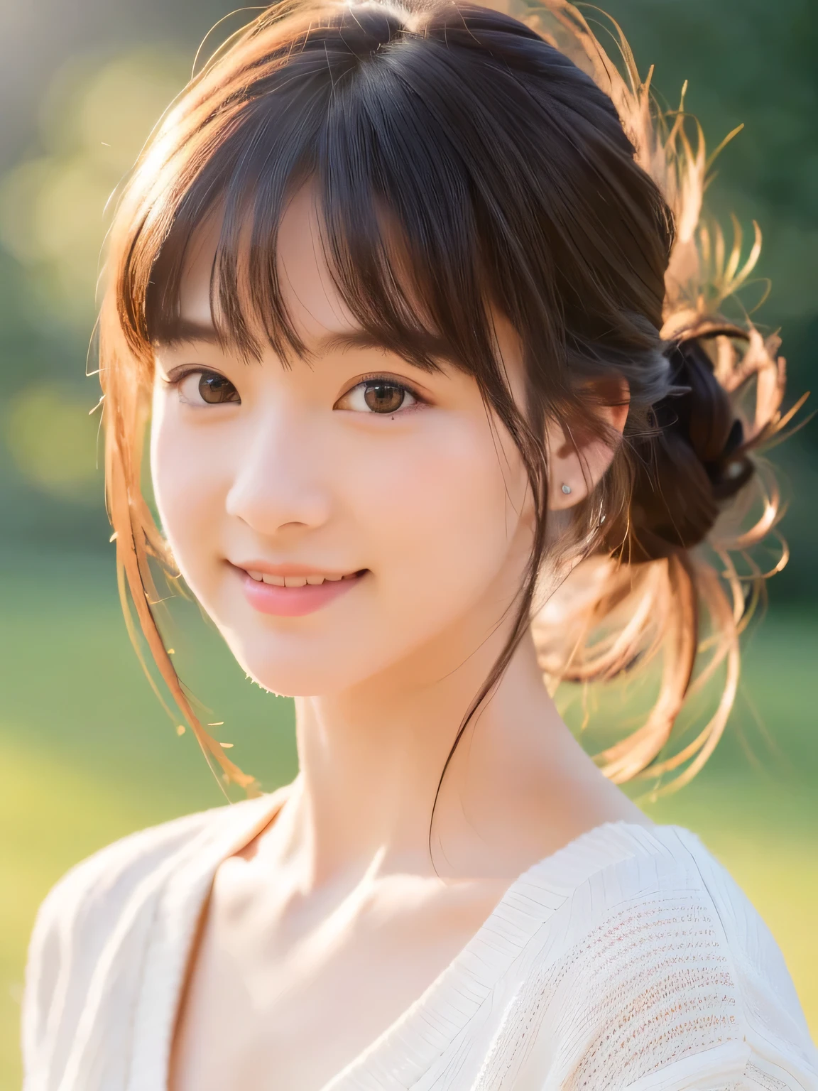 masterpiece, highest quality, RAW photo, realistic, smile, beautiful girl, cute, delicate girl, hair up, written boundary depth, High resolution, Super detailed, detailed, 非常にdetailedな目と顔, realistic student, sharp focus, cinematic lighting, Upper body, bangs, knit sweater,