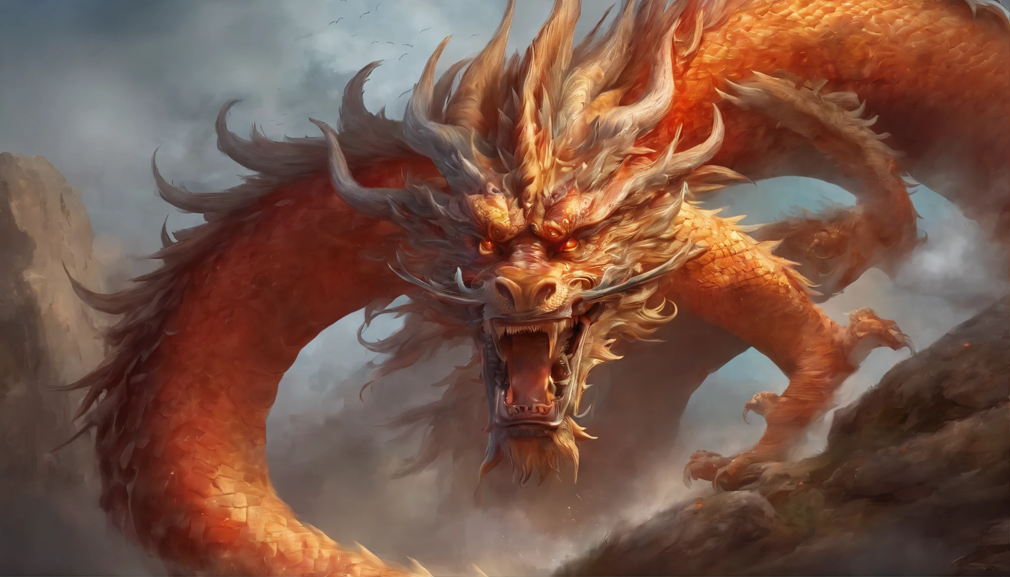 Chinese dragon, full bodyesbian, Loong, extremely detailed CG unity 8k wallpaper), (colorful:1.2), long hair, sharp teeth, red eyes, teeth, huge, Hires upscale: 1.7, Hires upscaler: 4x_NMKD-Siax_200k, Denoising strength: 0.45, lifelike texture, Dynamic angle, (((+++Lightning and bodyInterweave///))), Colorful auspicious clouds, drop shadow, atmospheric perspective, panorama, wide shot, 16k, anatomically correct, super detail