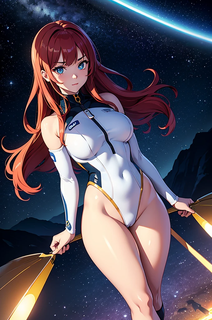 (best quality,4k,8k,highres,masterpiece:1.2),ultra-detailed,anime girl fantasy,sci-fi,space suit,big,front view,solo photo,thick hair,thick thighs,standing,thick legs,colorful,powerful lighting,deeper shadows,sharp focus,detailed facial features,sparkling eyes,stylish outfit,vibrant colors,background with celestial elements.