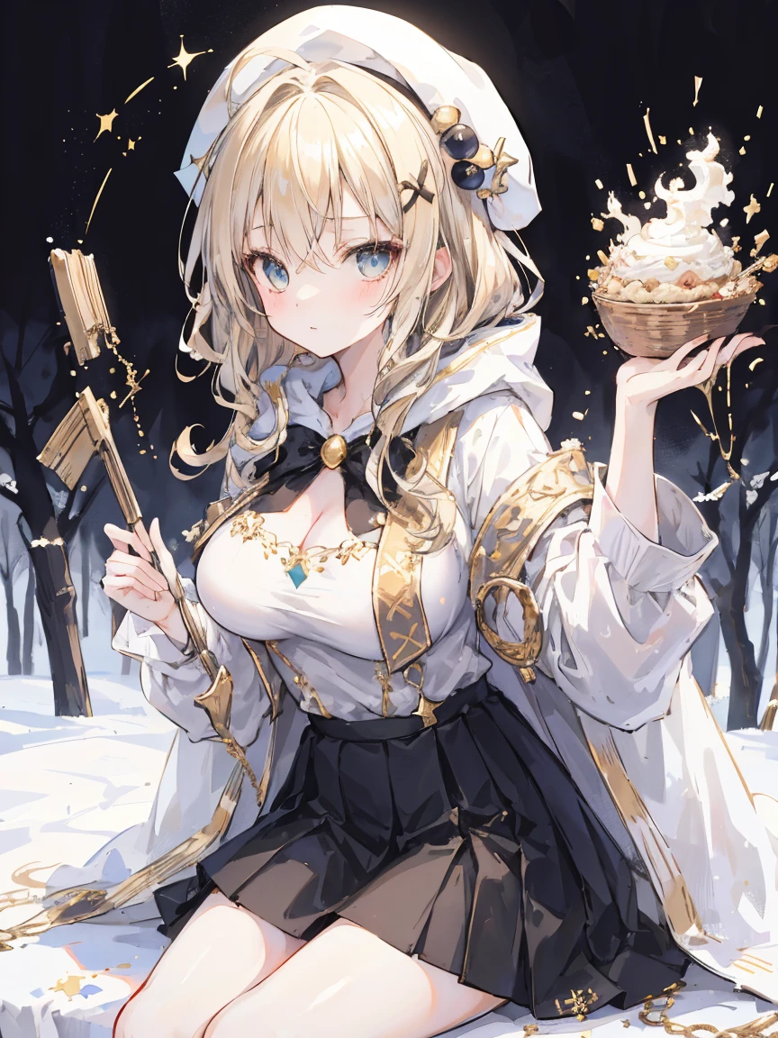 masterpiece,1 girl, sparrow, blonde girl, Wearing a priestess uniform, Curly medium hair, messy hair, black skirt, Because I'm slender, He is wearing a white hoodie and a golden cape., big breasts, she closed her left eye, shirt decoration, pie, nice expression, beautiful breasts, round chest, aqua eye, dress, mini skirt, Sit in the forest, Ahoge, She wears a hoodie, white beret