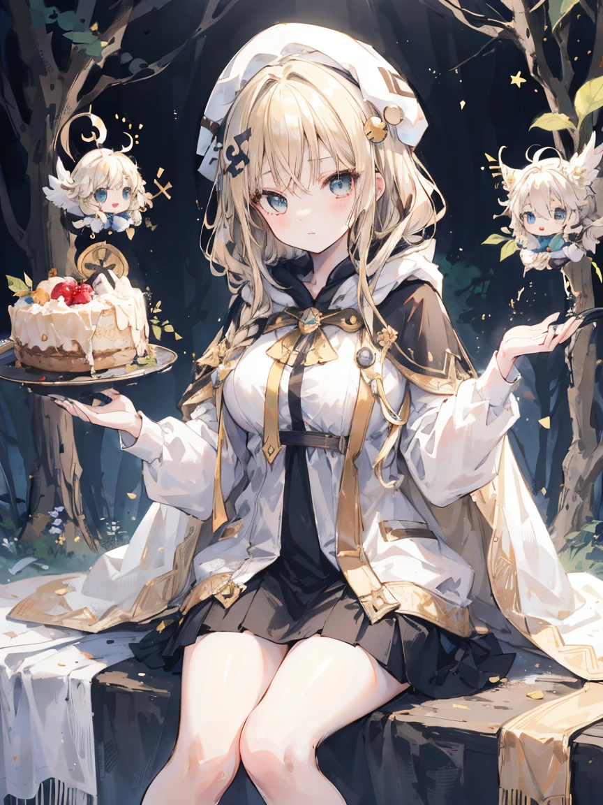 masterpiece,1 girl, sparrow, blonde girl, Wearing a priestess uniform, Curly medium hair, messy hair, black skirt, Because I'm slender, He is wearing a white hoodie and a golden cape., big breasts, she closed her left eye, shirt decoration, pie, nice expression, beautiful breasts, round chest, aqua eye, dress, mini skirt, Sit in the forest, Ahoge, She wears a hoodie, white beret
