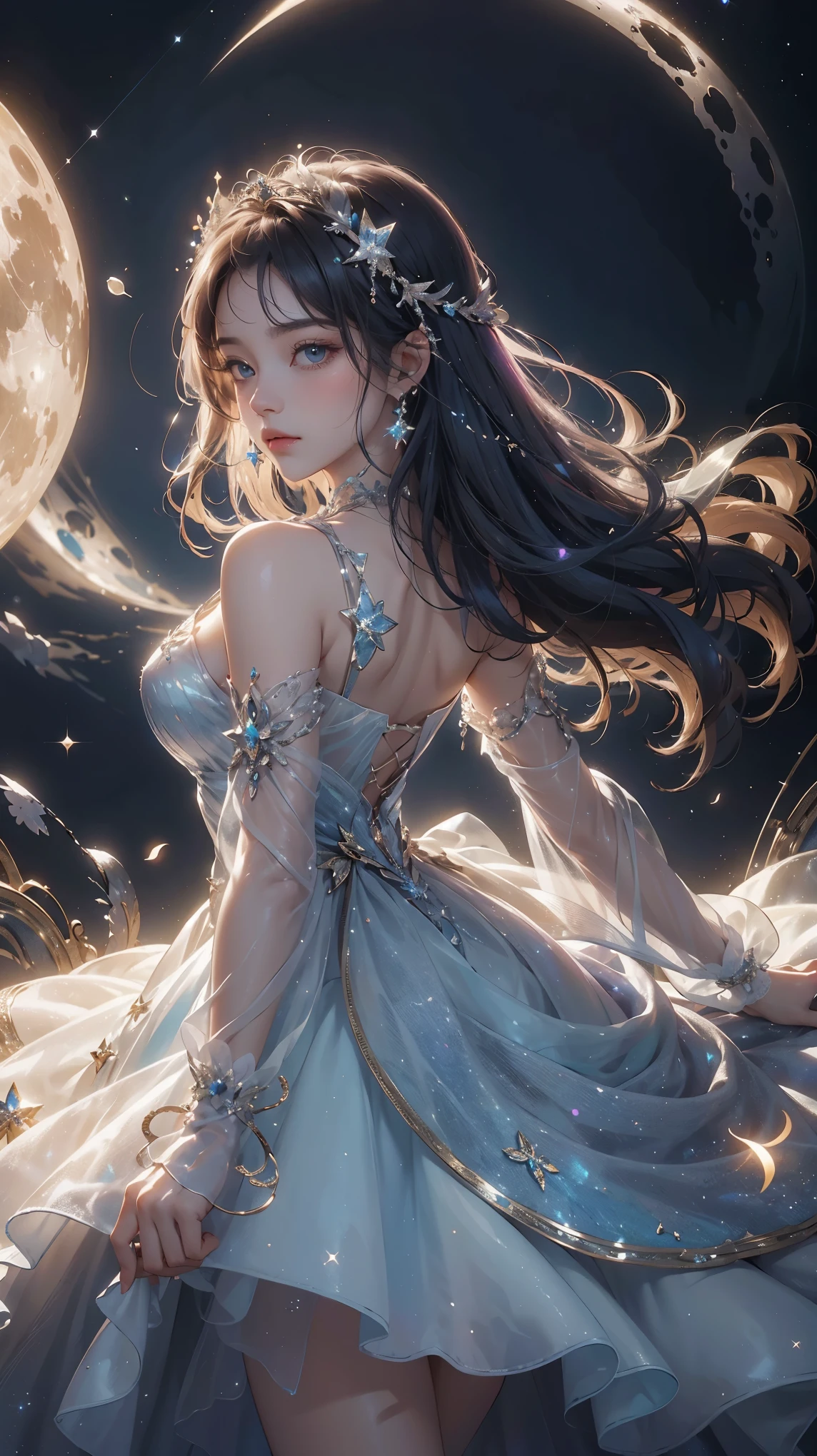 diva, fantasma, surreal, cabelos branco-azuis, dreamscape, orquestrando, sinfonia do sono, twilight dress, flutuando entre sonhos, uma mulher em um vestido prata andando em uma noite de lua cheia, uma princesa andando na floresta, shine sky, estrela cintilantes, lua cheia, uma Campinas de flores ao Luar, uma garota com um belo vestido andando na floresta, Night sky, princesa, full moon starry sky, noite profunda, subconscious lullaby, dream orchestration scene, uma Moon in starry sky, Magic Air, espetral, Moon in starry sky, Neck strap,unidade, Uma mulher no universo, floating woman in space, deusa, mulher poderosa, mulher de vestido, luzes cintilante ao redor da mulher, luzes cintilante ao redor da mulher, mulher de vestido, mulher se armadura, cabelos de cores, armadura, mulher de armadura, cabelos de cores diferentes, mulher de cabelo preto, princesa de cabelos escuros